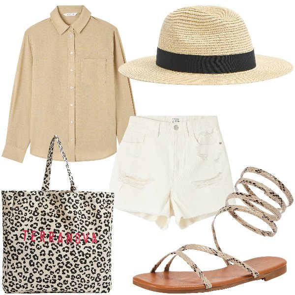 Outfit donna - Total look #1894474. Stile Etnico per Serata fuori. Abbinamento con shorts, cappelli, camicie, shopping bag, sandali.