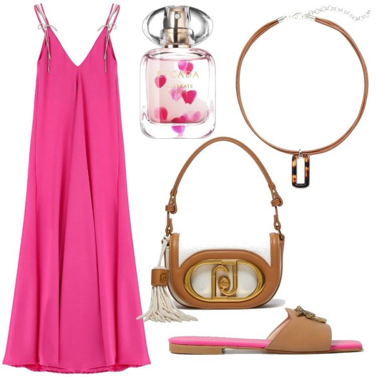 Outfit donna - Abito fucsia per il giorno. Stile Trendy per Tutti i giorni. Abbinamento con profumi, vestiti lunghi, ciondoli, borse a mano, ciabatte.