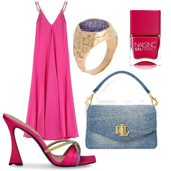 Outfit donna - Lo slip dress fucsia. Stile Trendy per Serata fuori. Abbinamento con anelli, smalti, vestiti lunghi, borse a tracolla, sandali in pelle.