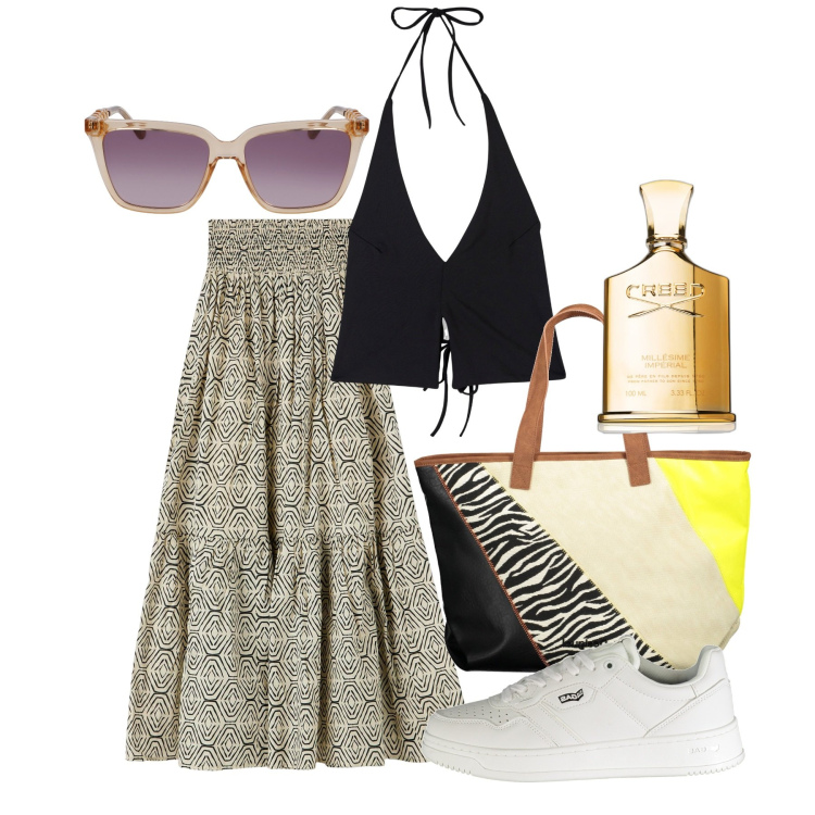 Outfit donna - Ghost outfitter - giugno. Stile Basic per Tutti i giorni. Abbinamento con profumi, gonne lunghe, top, sneakers, occhiali da sole, borse a spalla.