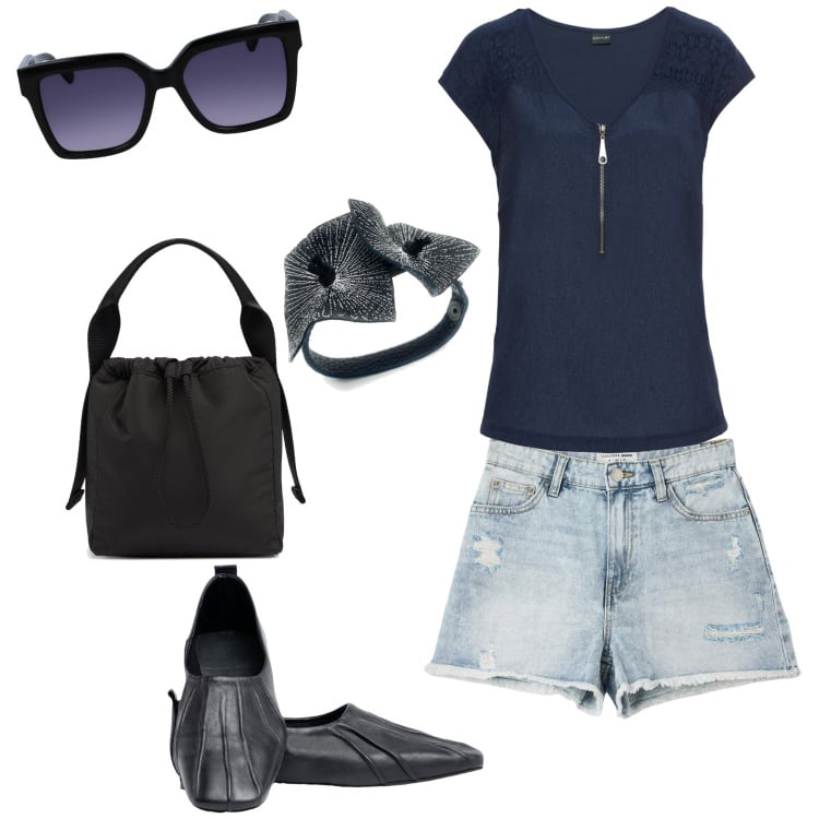 Outfit donna - Total look. Stile Casual chic per Tutti i giorni. Abbinamento con t-shirt, braccialetti, shorts, ballerine, borse a mano, occhiali da sole.