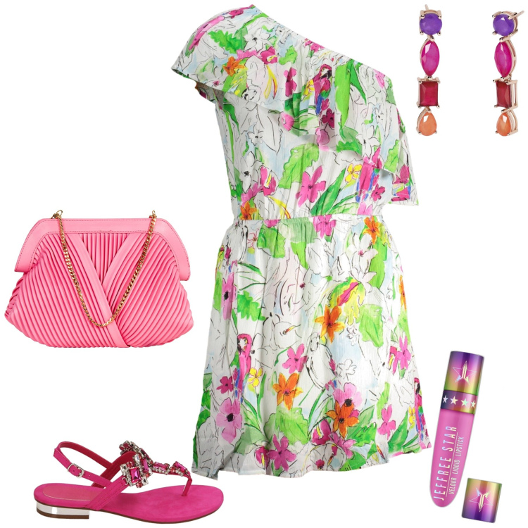 Outfit donna - Leggiadra. Stile Bon Ton per Tutti i giorni. Abbinamento con rossetti, orecchini, pochette, ciabatte, vestiti asimmetrici.
