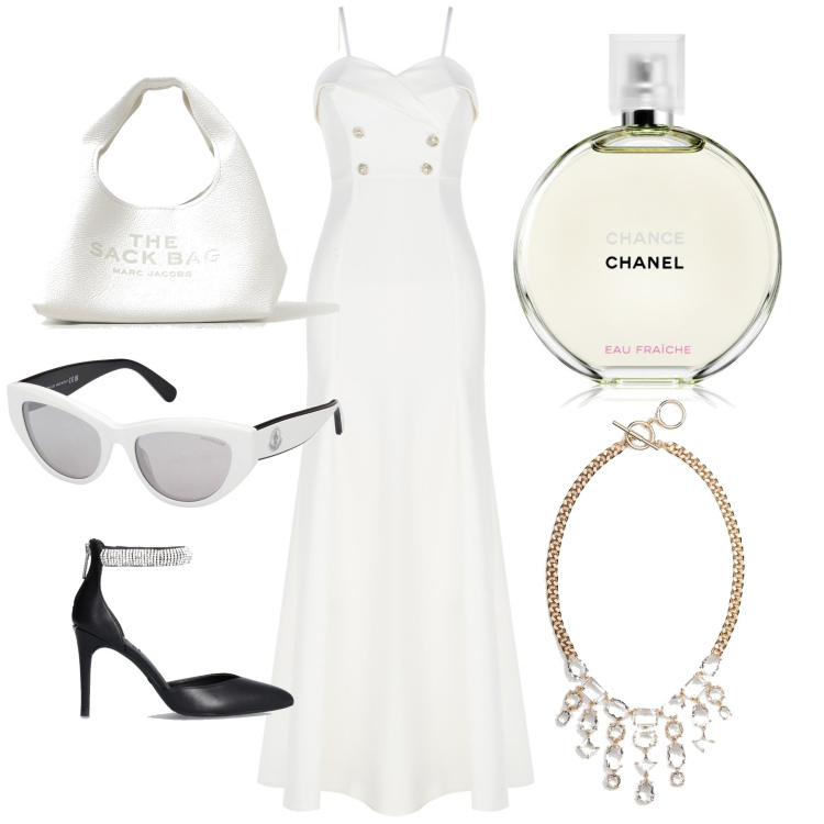 Outfit donna - Cerimonia. Stile Chic per Cerimonia. Abbinamento con profumi, vestiti lunghi, collane, occhiali da sole, décolleté, pochette.