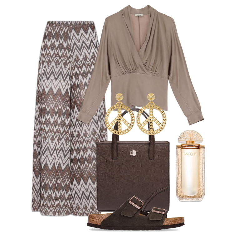 Outfit donna - Ghost outfitter - giugno. Stile Chic per Tutti i giorni. Abbinamento con profumi, camicie, pantaloni, sandali, shopping bag, orecchini.