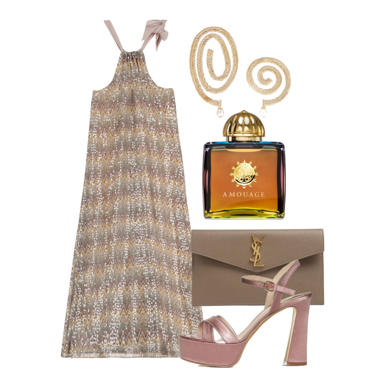 Outfit donna - Ghost outfitter - giugno. Stile Chic per Cerimonia. Abbinamento con orecchini, profumi, vestiti lunghi, pochette, sandali col tacco.