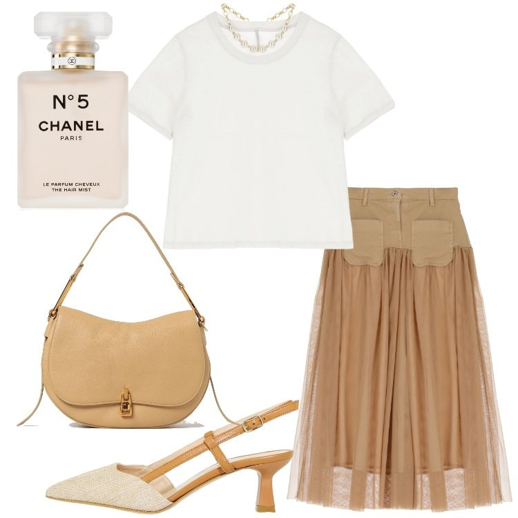 Outfit donna - Bon Ton in ufficio a giugno. Stile Bon Ton per Ufficio. Abbinamento con profumi, gonne lunghe, t-shirt, sandali col tacco, borse a spalla.