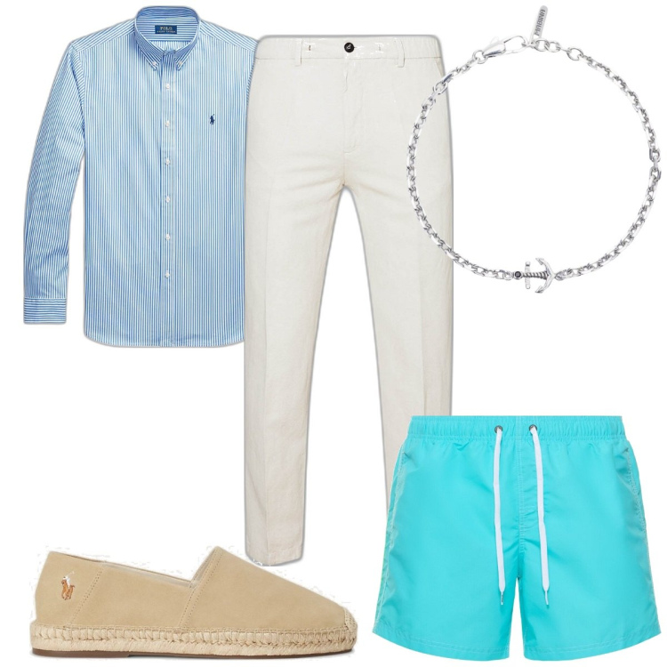 Outfit uomo - Total look #1894533. Stile Trendy per Mare. Abbinamento con braccialetti, camicie, espadrillas, pantaloni chino, costumi.