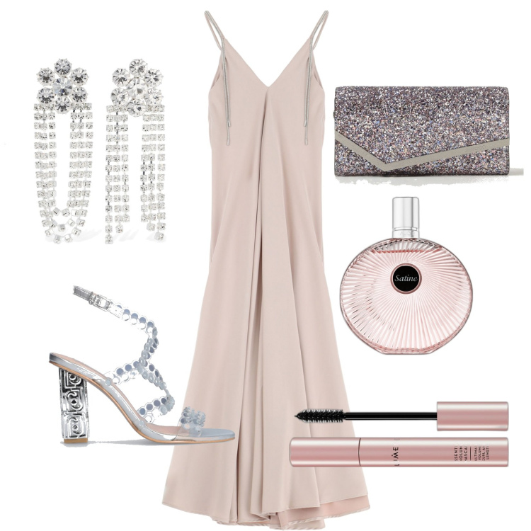Outfit donna - Slip dress serata strabiliante. Stile Glamour per Serata fuori. Abbinamento con mascara, profumi, vestiti lunghi, sandali gioiello, clutch, orecchini.