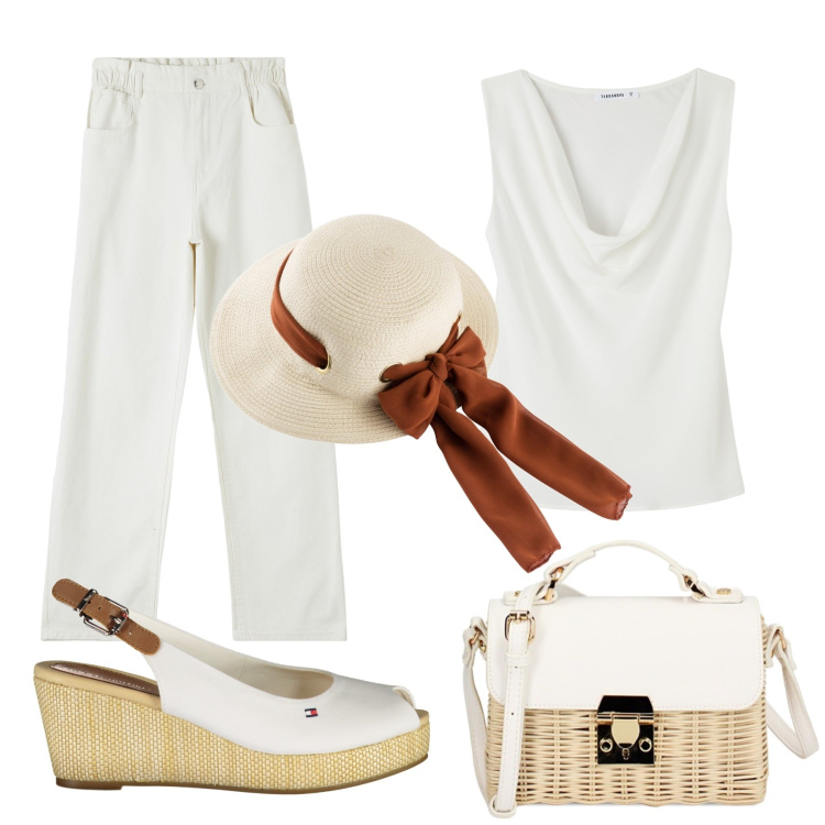Outfit donna - Total look #1894552. Stile Casual chic per Tutti i giorni. Abbinamento con cappelli, pantaloni, top, borse a tracolla, sandali col tacco.
