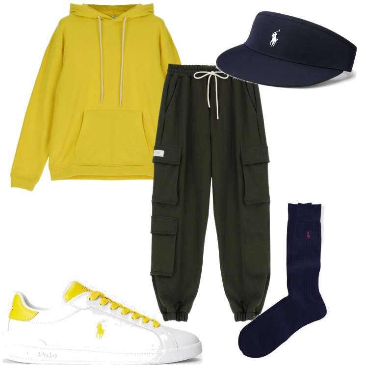 Outfit uomo - Total look #1894553. Stile Trendy per Sport. Abbinamento con pantaloni cargo, felpe con cappuccio, calzini, sneakers, cappelli con visiera.