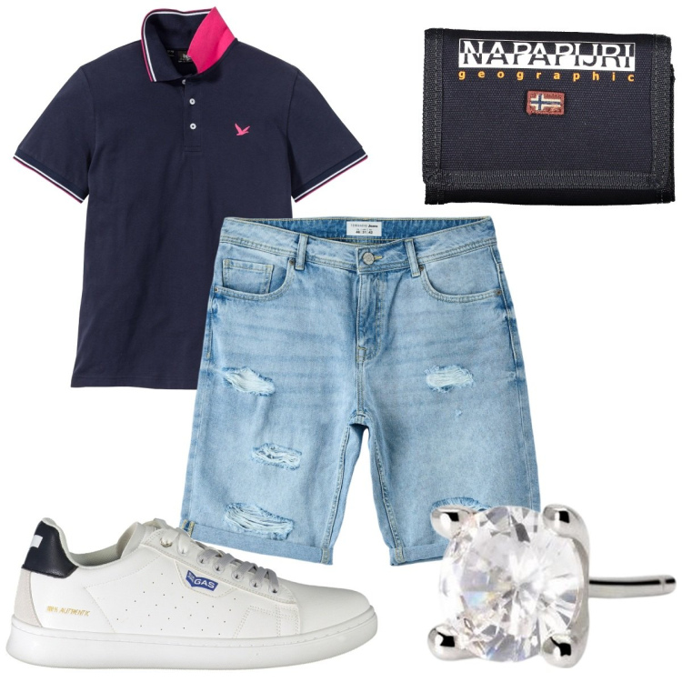 Outfit uomo - Total look #1894562. Stile Trendy per Tutti i giorni. Abbinamento con polo, shorts, orecchini, portafogli, sneakers.