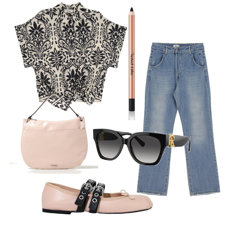 Outfit donna - Total look #1894569. Stile Trendy per Tutti i giorni. Abbinamento con eyeliner, occhiali da sole, camicie a manica corta, jeans, ballerine, borse a spalla.