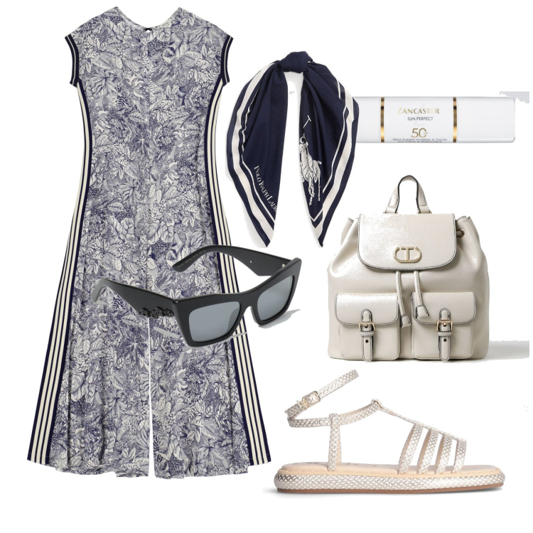 Outfit donna - In Tuta. Stile Trendy per Tutti i giorni. Abbinamento con fondotinta, foulard, tute, occhiali da sole, zaini, sandali.