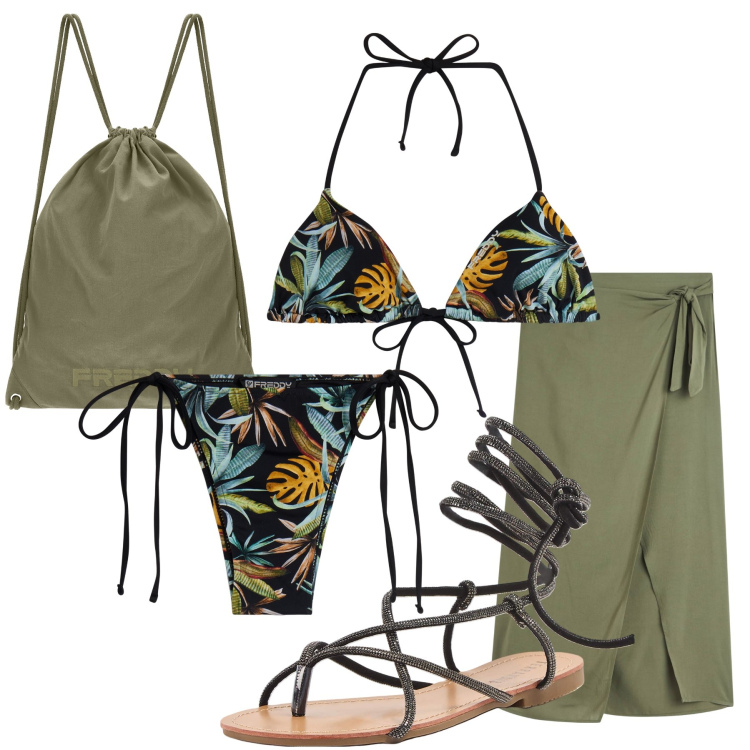 Outfit donna - Total look #1894574. Stile Trendy per Mare. Abbinamento con vestiti da spiaggia, sandali alla schiava, bikini, zaini, bikini.