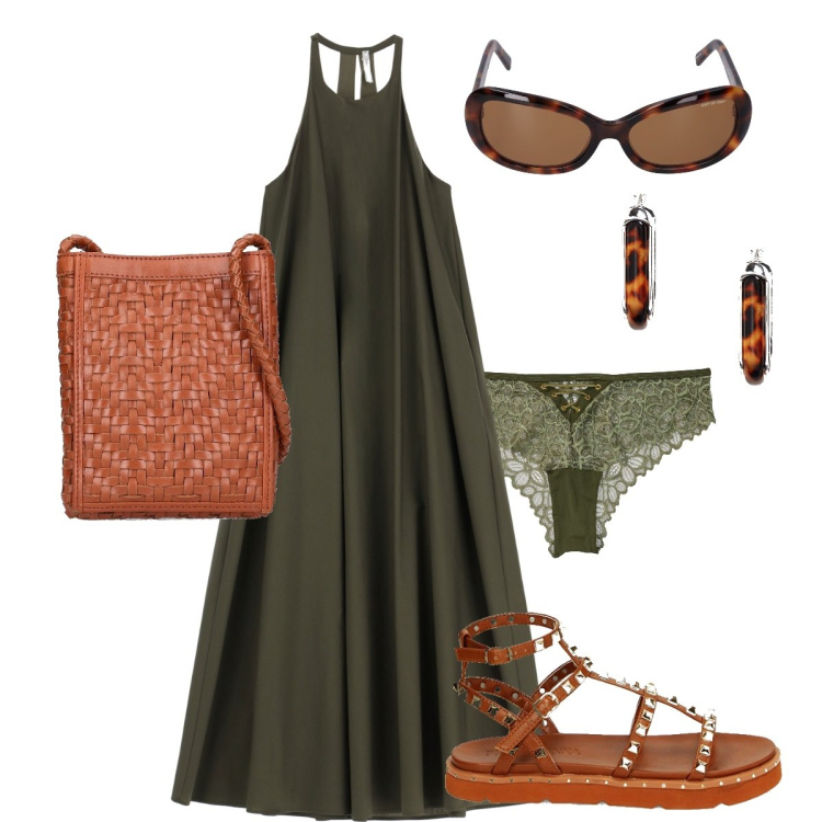 Outfit donna - Pino marittimo. Stile Casual per Tutti i giorni. Abbinamento con culotte, vestiti lunghi, sandali, orecchini, borse a spalla, occhiali da sole.