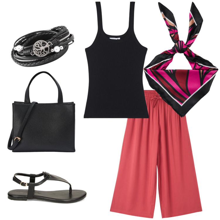 Outfit donna - Oggi fa caldo. Stile Basic per Tutti i giorni. Abbinamento con braccialetti, pantaloni a palazzo, canottiere, shopping bag, foulard, ciabatte.