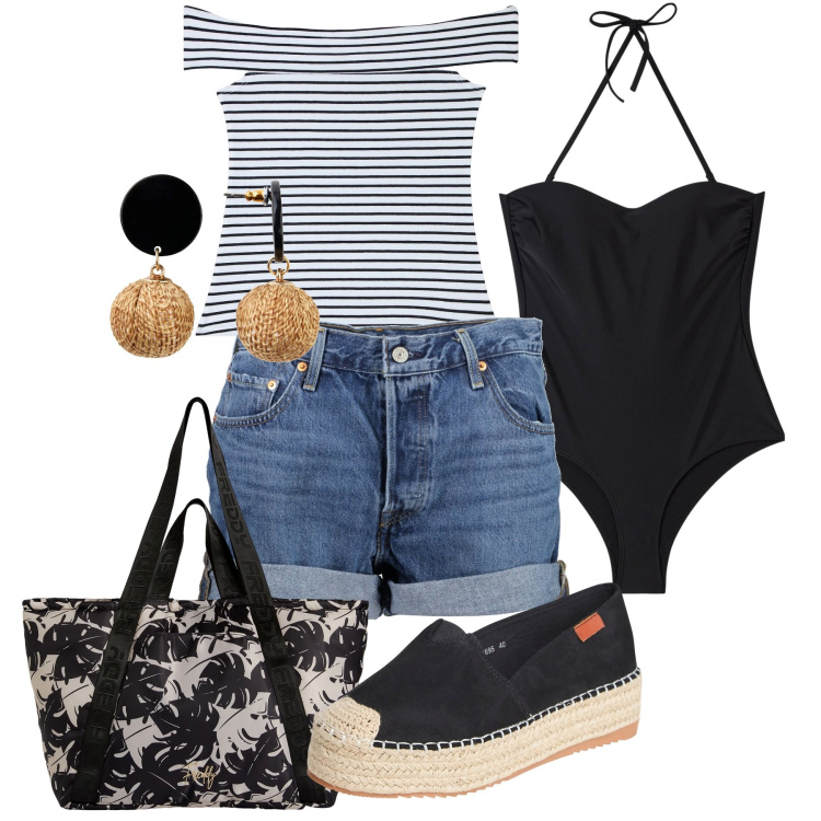 Outfit donna - Mare. Stile Casual chic per Mare. Abbinamento con orecchini, espadrillas, costumi interi, top, shopping bag, jeans.