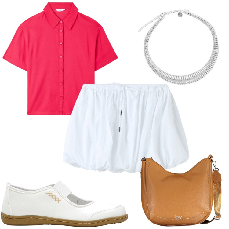 Outfit donna - Total look #1894600. Stile Trendy per Tutti i giorni. Abbinamento con ballerine, camicie a manica corta, minigonne, collane, borse a spalla.