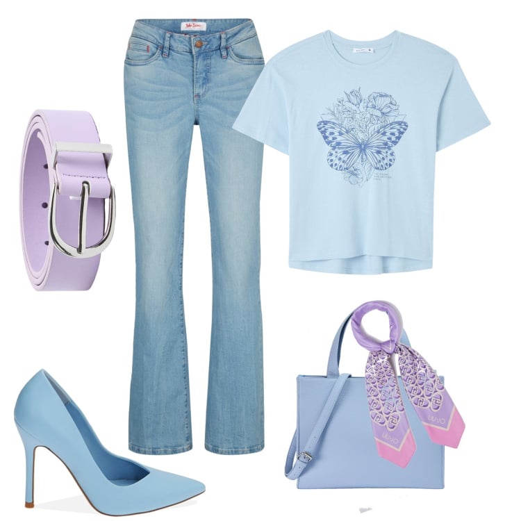 Outfit donna - Basic, ma con i tacchi. Stile Basic per Tutti i giorni. Abbinamento con jeans bootcut, t-shirt, cinture, shopping bag, décolleté, foulard.