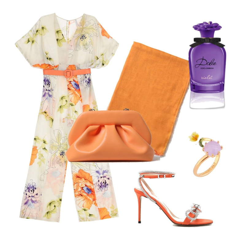 Outfit donna - Fleur orange. Stile Chic per Cerimonia. Abbinamento con anelli, profumi, tute, clutch, sciarpe, sandali col tacco.