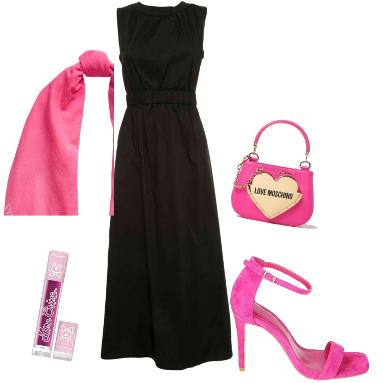 Outfit donna - Tocco di rosa. Stile Casual chic per Serata fuori. Abbinamento con rossetti, sandali col tacco, foulard, vestiti lunghi, borse a mano.
