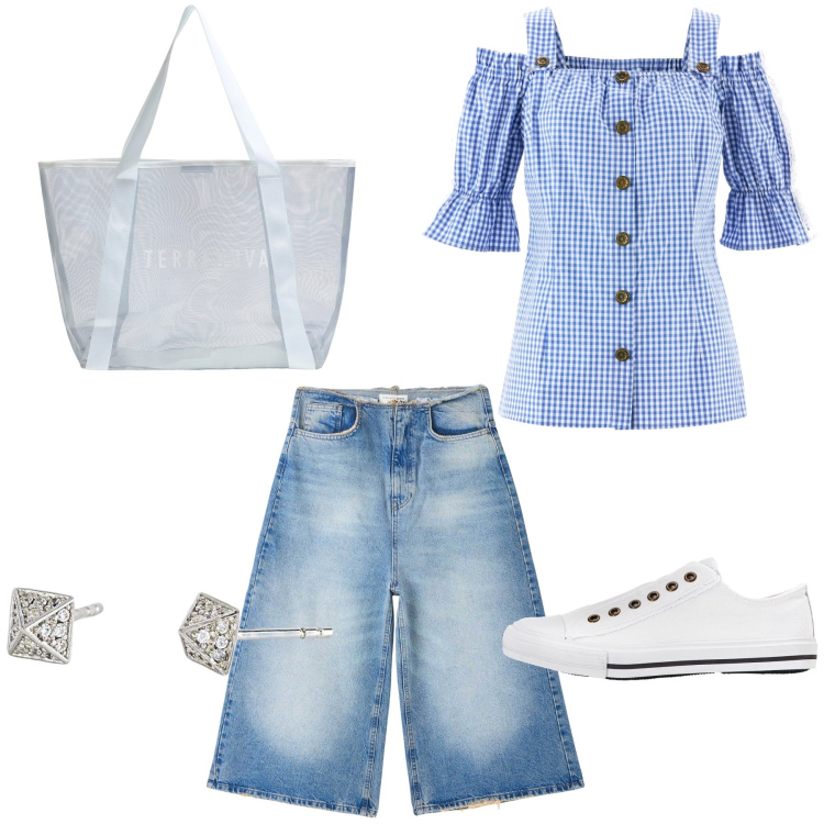 Outfit donna - Total look #1894624. Stile Casual per Tutti i giorni. Abbinamento con camicie a manica corta, sneakers, jeans, shopping bag, orecchini.
