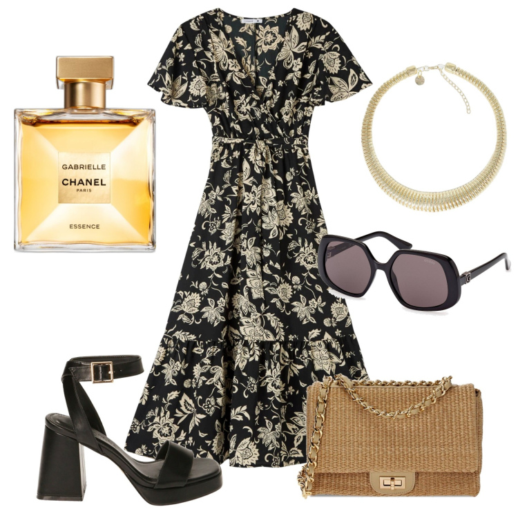 Outfit donna - Lungomare. Stile Casual chic per Mare. look ideale per Petite. Abbinamento con profumi, vestiti lunghi, sandali col tacco, borse a tracolla, collane, occhiali da sole.