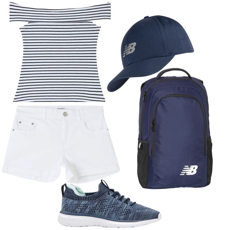 Outfit donna - Basic bianco e blu. Stile Basic per Tutti i giorni. Abbinamento con sneakers, top, shorts, zaini, cappelli con visiera.