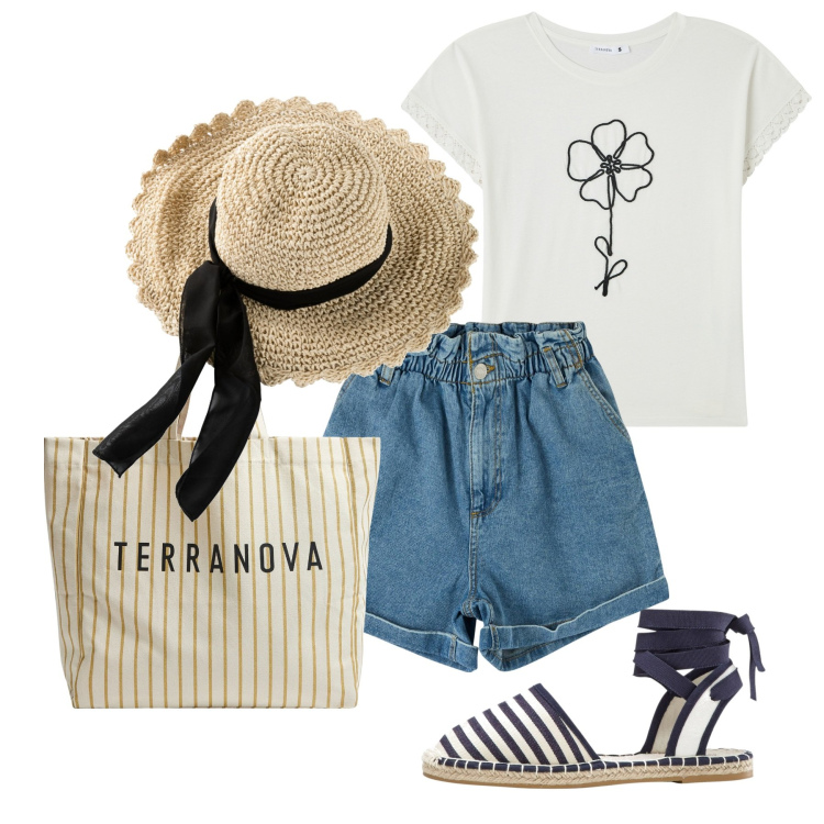 Outfit donna - Giugno. Stile Casual per Tutti i giorni. Abbinamento con cappelli, espadrillas, shorts, t-shirt, borse tote.