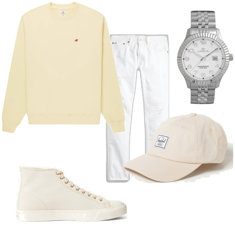 Outfit uomo - Neutro. Stile Casual per Tutti i giorni. Abbinamento con orologi, felpe, jeans, sneakers, cappelli.