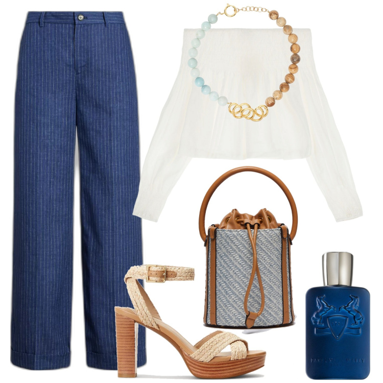 Outfit donna - Total look #1894637. Stile Casual per Ufficio. Abbinamento con profumi, bluse, pantaloni, sandali, collane, borse a secchiello.