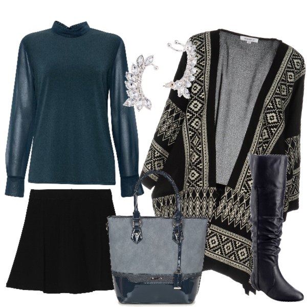 Outfit donna - Un look trendy. Stile Trendy per Tutti i giorni. Abbinamento con stivali sopra il ginocchio, orecchini, soprabito senza tasche con ricamo scollatura profonda interno sfoderato crêpe, borsa blu, maglia a maniche lunghe verde e nero, gonna a ruota nero.