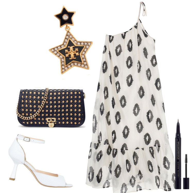 Outfit donna - Black and white per serata. Stile Chic per Serata fuori. Abbinamento con orecchini, eyeliner, vestiti lunghi, décolleté, borse a spalla.