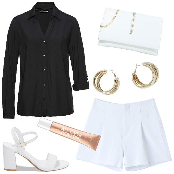 Outfit donna - Bianco e nero minimal chic. Stile Minimal per Serata fuori. Abbinamento con camicie, blush, shorts, pochette, sandali col tacco, orecchini.