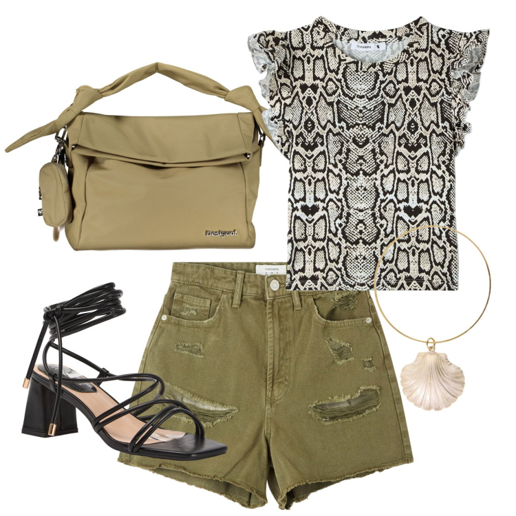 Outfit donna - Viva gli shorts. Stile Casual chic per Tutti i giorni. Abbinamento con shorts, t-shirt, sandali alla schiava, braccialetti, borse a spalla.