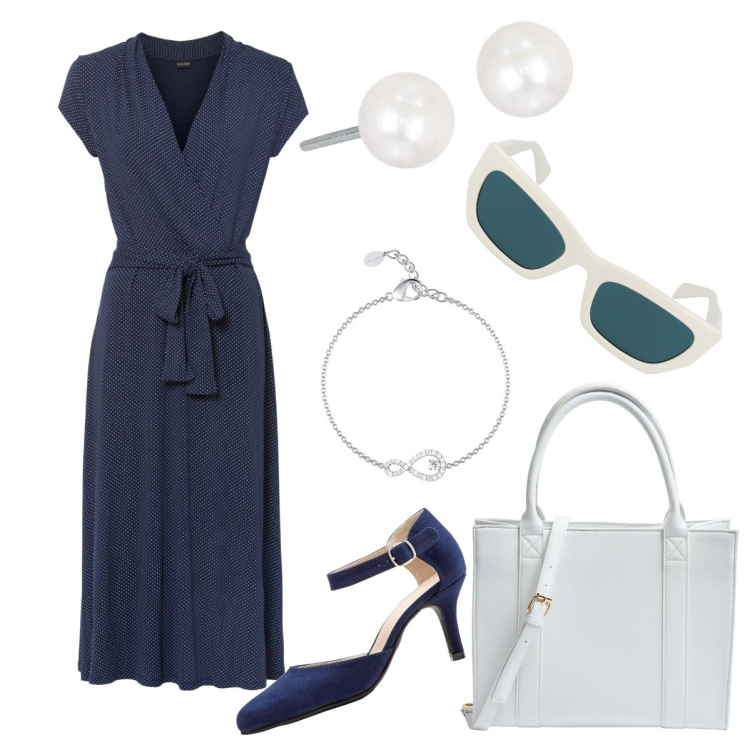 Outfit donna - Viva il Bon Ton. Stile Bon Ton per Tutti i giorni. Abbinamento con vestiti midi/longuette, décolleté, shopping bag, braccialetti, orecchini, occhiali da sole.