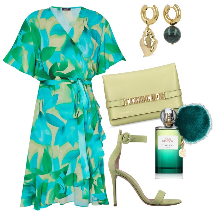 Outfit donna - Pretty green. Stile Chic per Cerimonia. Abbinamento con profumi, vestiti corti, pochette, orecchini, sandali in pelle.