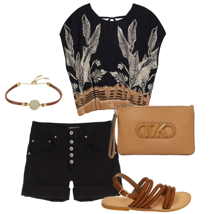 Outfit donna - Shorts con stile. Stile Etnico per Serata fuori. Abbinamento con braccialetti, shorts, sandali in pelle, bluse, clutch.