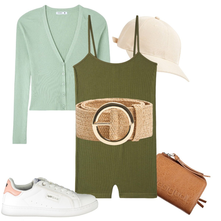 Outfit donna - La tutina elasticizzata. Stile Preppy per Tutti i giorni. Abbinamento con cappelli, cardigans, cinture, tuta corta, sneakers, portafogli.