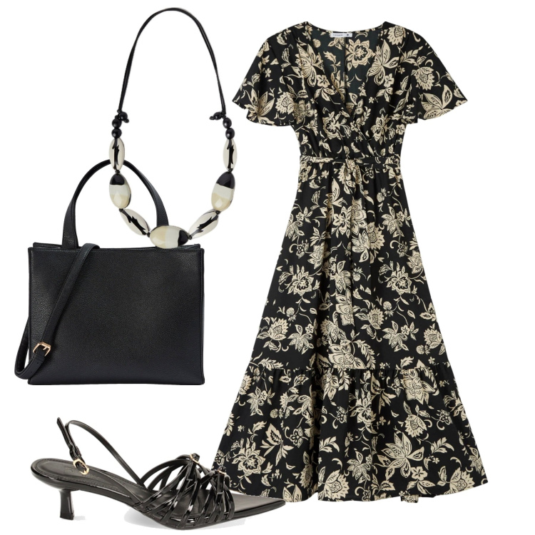 Outfit donna - Total look #1894740. Stile Casual chic per Tutti i giorni. Abbinamento con vestiti lunghi, shopping bag, sandali col tacco, collane.