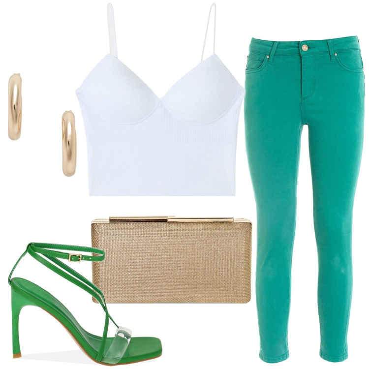 Outfit donna - Skinny verdi. Stile Casual per Tutti i giorni. look ideale per Petite. Abbinamento con top, jeans, sandali col tacco, clutch, orecchini.