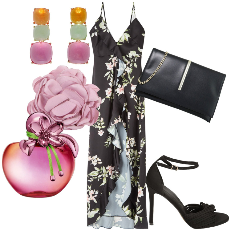 Outfit donna - Serata. Stile Trendy per Serata fuori. Abbinamento con profumi, vestiti lunghi, pochette, sandali col tacco, orecchini, braccialetti.