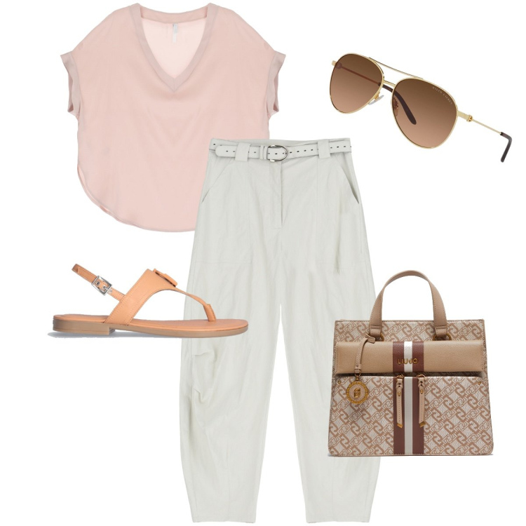 Outfit donna - La t-shirt rosa cipria. Stile Urban per Tutti i giorni. Abbinamento con pantaloni, t-shirt, occhiali da sole, borse a mano, ciabatte.
