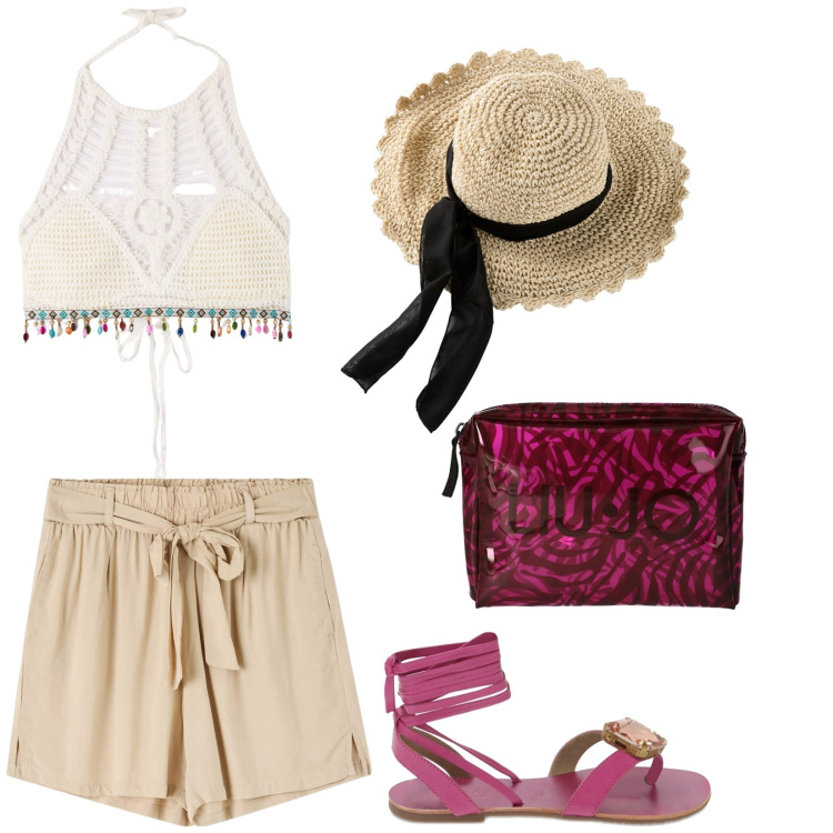 Outfit donna - Crochet details. Stile Boho per Mare. Abbinamento con cappelli, shorts, top, ciabatte, valigie.