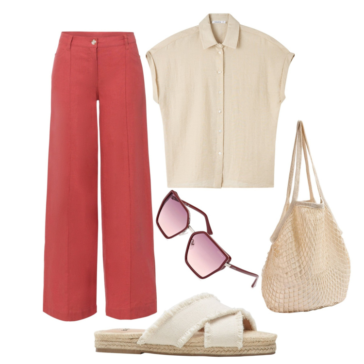 Outfit donna - Fresca tra tessuti naturali. Stile Minimal per Tutti i giorni. Abbinamento con pantaloni a palazzo, ciabatte, camicie a manica corta, borse a spalla, occhiali da sole.