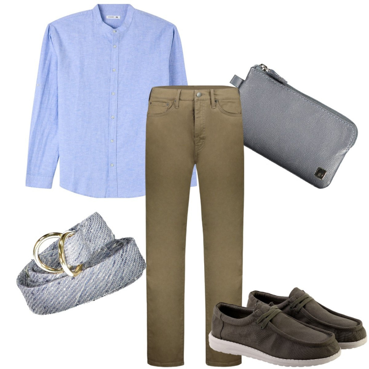 Outfit uomo - La camicia a serafino. Stile Business/Elegante per Ufficio. Abbinamento con camicie, pantaloni, cinture, portafogli, scarpe stringate.