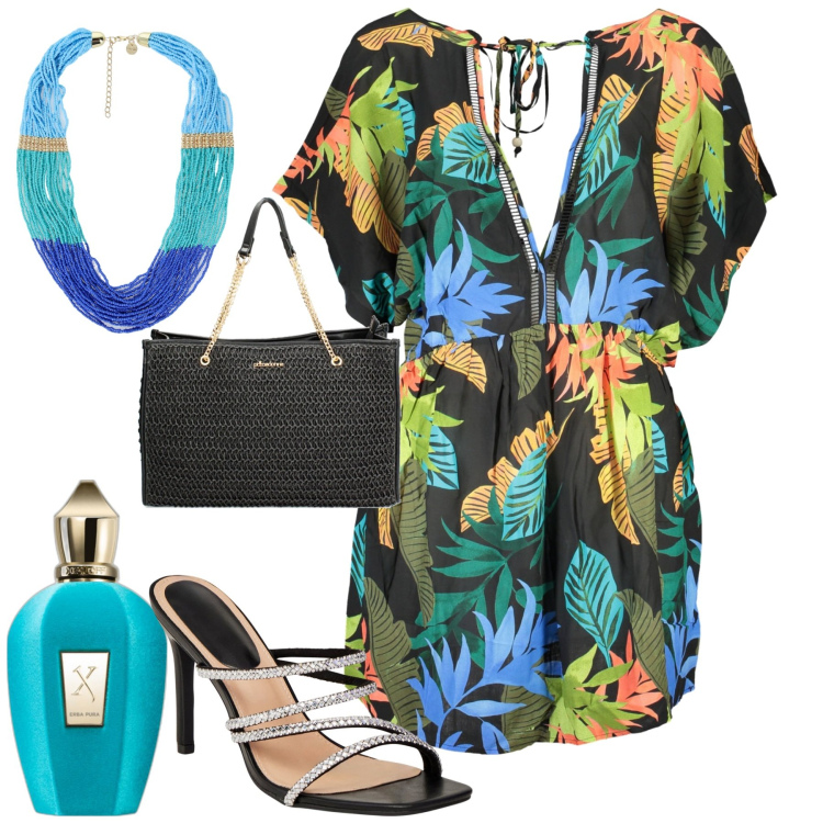 Outfit donna - Al mare. Stile Trendy per Mare. Abbinamento con profumi, sandali col tacco, borse a spalla, collane, vestiti corti.