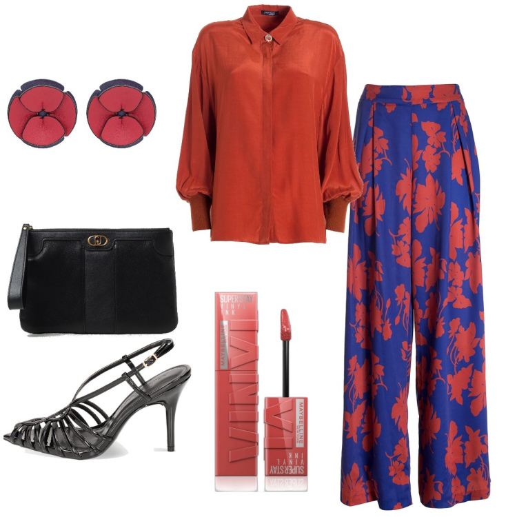 Outfit donna - Cena estiva. Stile Chic per Serata fuori. Abbinamento con orecchini, rossetti, camicie, pantaloni a palazzo, sandali col tacco, clutch.