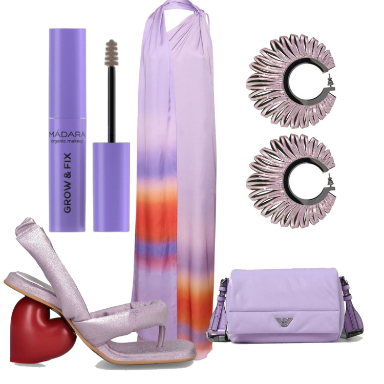 Outfit donna - Serata. Stile Chic per Serata fuori. Abbinamento con mascara, vestiti, sandali col tacco, orecchini, borse a spalla.