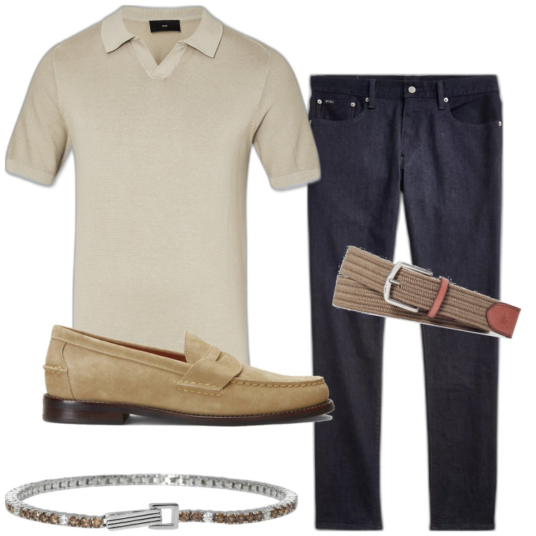 Outfit uomo - In città. Stile Urban per Tutti i giorni. Abbinamento con braccialetti, jeans, cinture, scarpe stringate, polo.